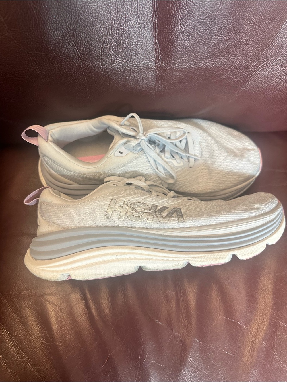 Hoka White Running Shoes with Pink Heel Tabs